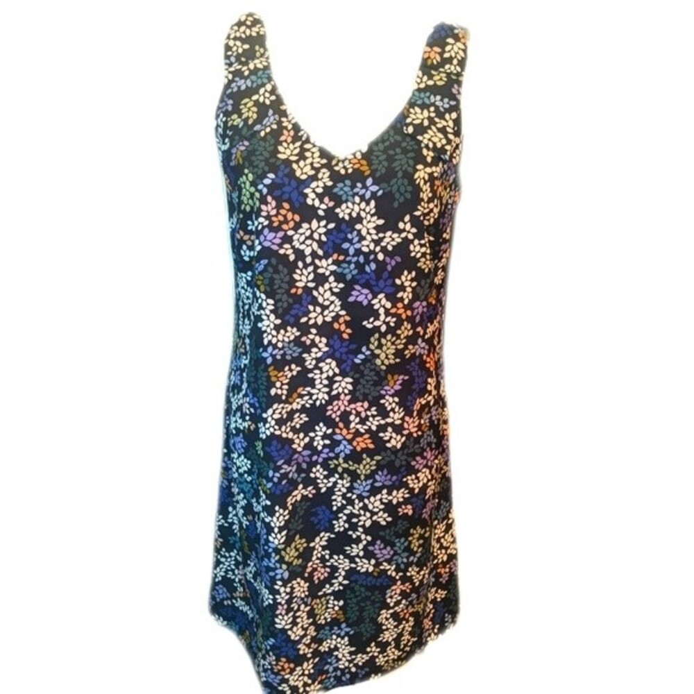 CAbi #5619 Cinco shift dress - navy w/ printed flowers, faux ties at shoulders S